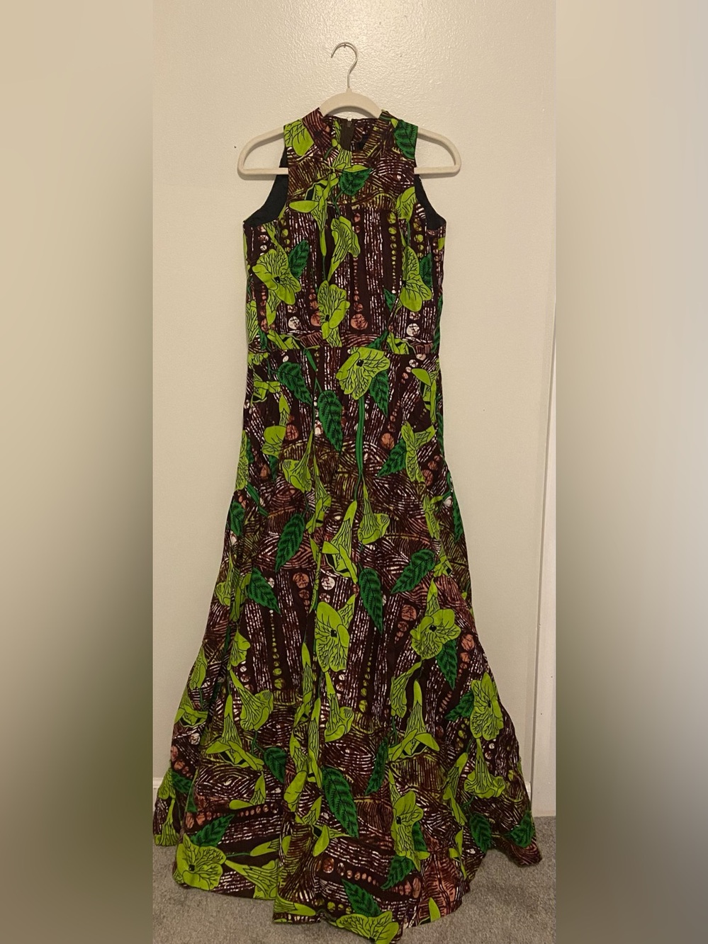 African Wax Print Ankara Maxi Dress - Green & Brown Floral